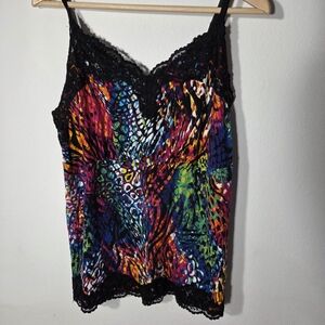 Lane Bryant Colorful Animal Print Cami with Black Lace Trim Tank Top Women 14/16